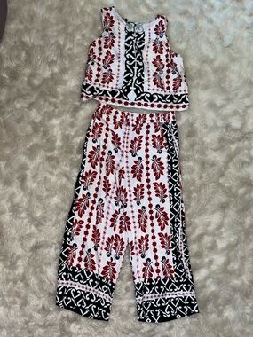 Talbots Red, Black & White Patterned Crop Top and Wide-Leg Pants Set